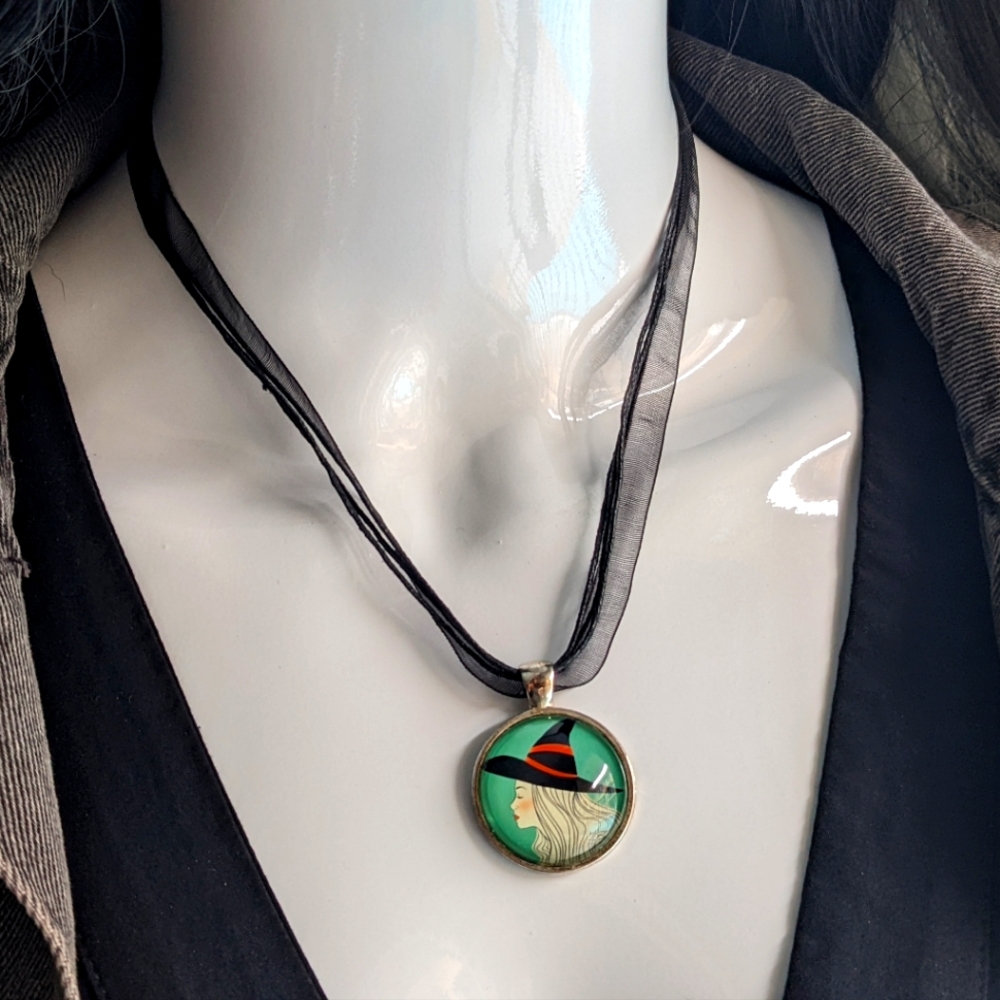Witch Pendant Black Ribbon Necklace